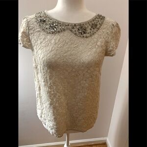 Loft lace, cream rhinestoned blouse, size XS